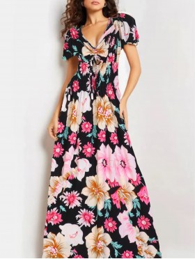 Floral V -Neck Short Sleeved Summer Dress